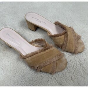 Patricia Green Kate Fringe Slide Block Heel Shoes Boho Tan Linen Sandals Size 11